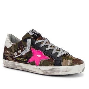 Golden Goose Green Camouflage Ripstop Superstars with Shocking Pink Star Size 39